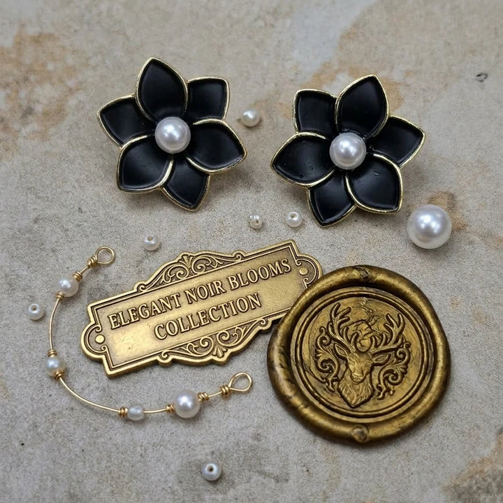 Korean Black Flower pearl Earrings