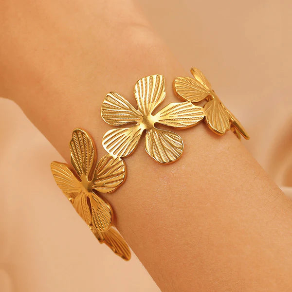 Gold Plated Anti Tarnish Floral Cuff Bracelet
