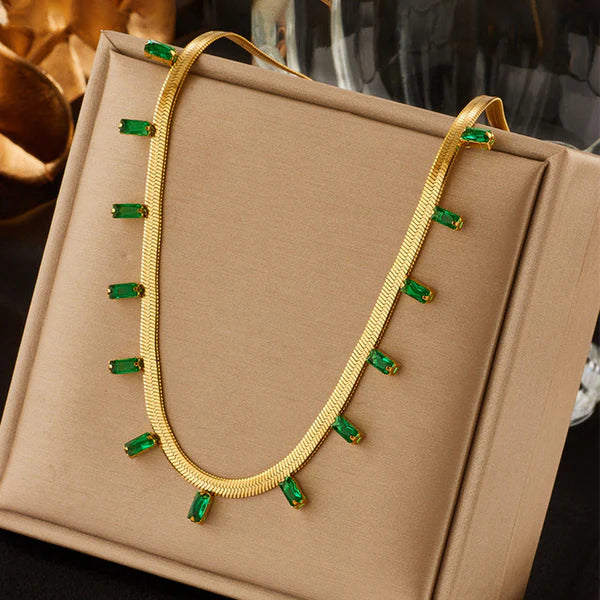 Gold Plated Anti Tarnish Green Emerald Studded Necklace