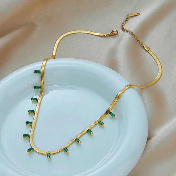 Gold Plated Anti Tarnish Green Emerald Studded Necklace