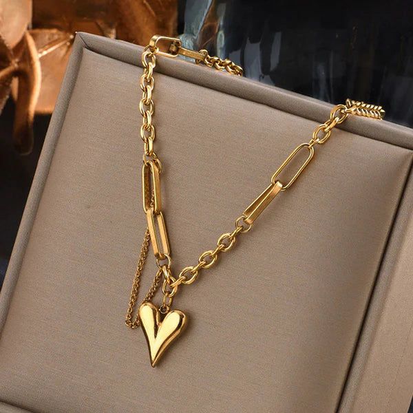 Gold Plated Anti Tarnish Heart Rope Chain Necklace