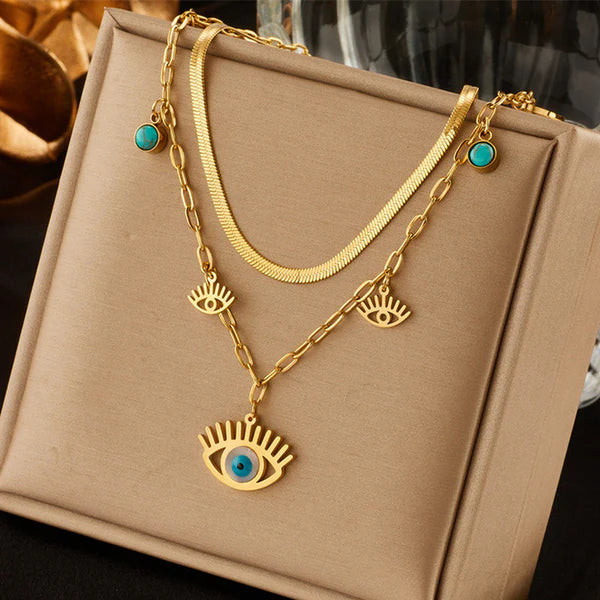 Gold Plated Anti Tarnish Evil Eye Dual Strand Necklace