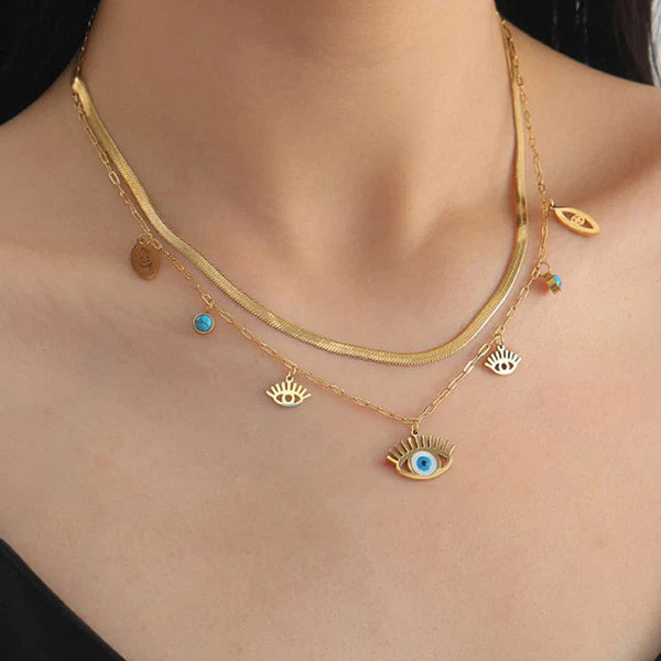 Gold Plated Anti Tarnish Evil Eye Dual Strand Necklace