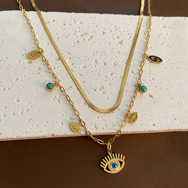 Gold Plated Anti Tarnish Evil Eye Dual Strand Necklace