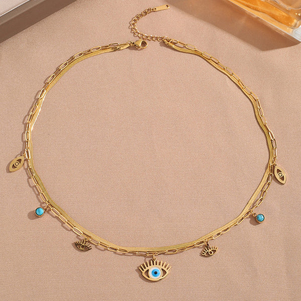 Gold Plated Anti Tarnish Evil Eye Dual Strand Necklace