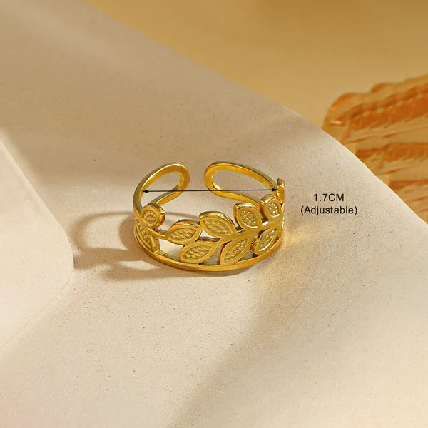 Gold Plated Anti Tarnish Leaf Vine Adjustable Ring