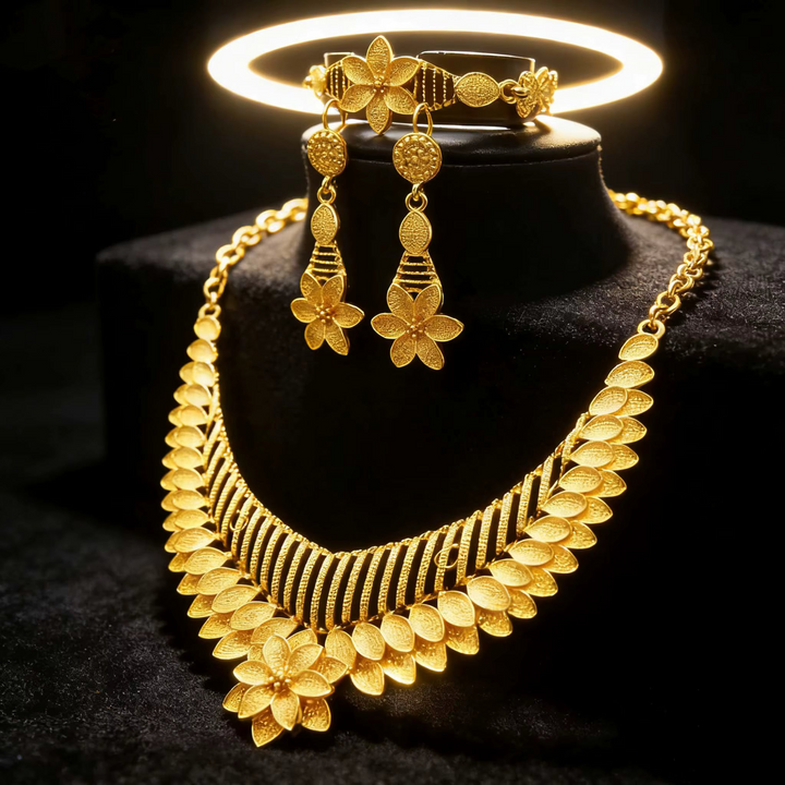 24K Gold Plated Dubai Bridal Jewelry Set - Leaf