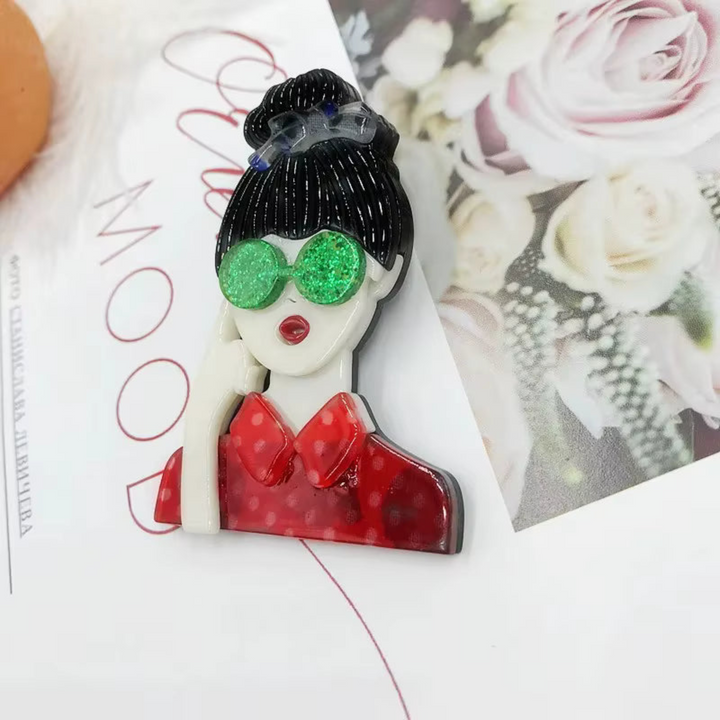 Acrylic Girl Brooch with Glasses