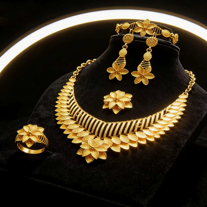 24K Gold Plated Dubai Bridal Jewelry Set - Leaf