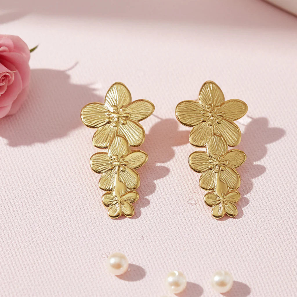 Gold-Plated Anti Tarnish Triple flower Earrings