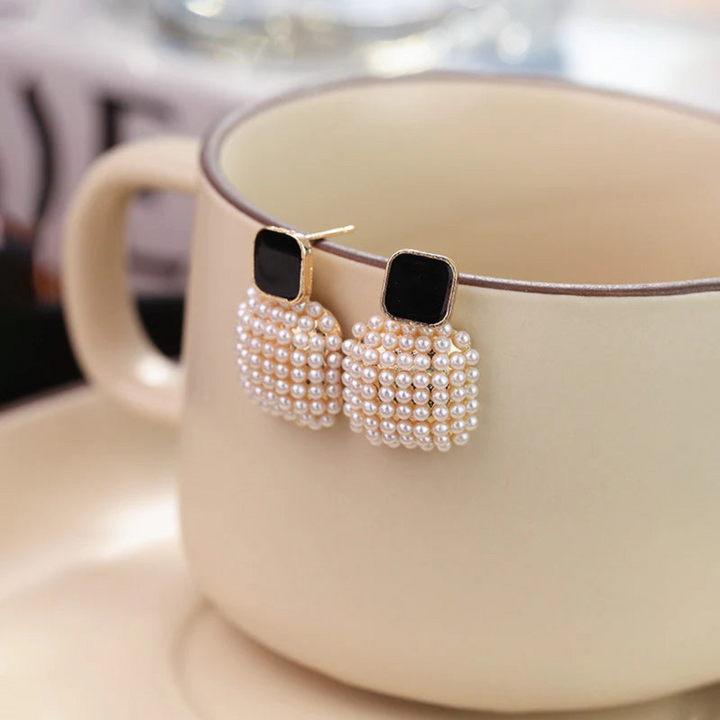 Black & Pearl Cluster Dangle Earrings
