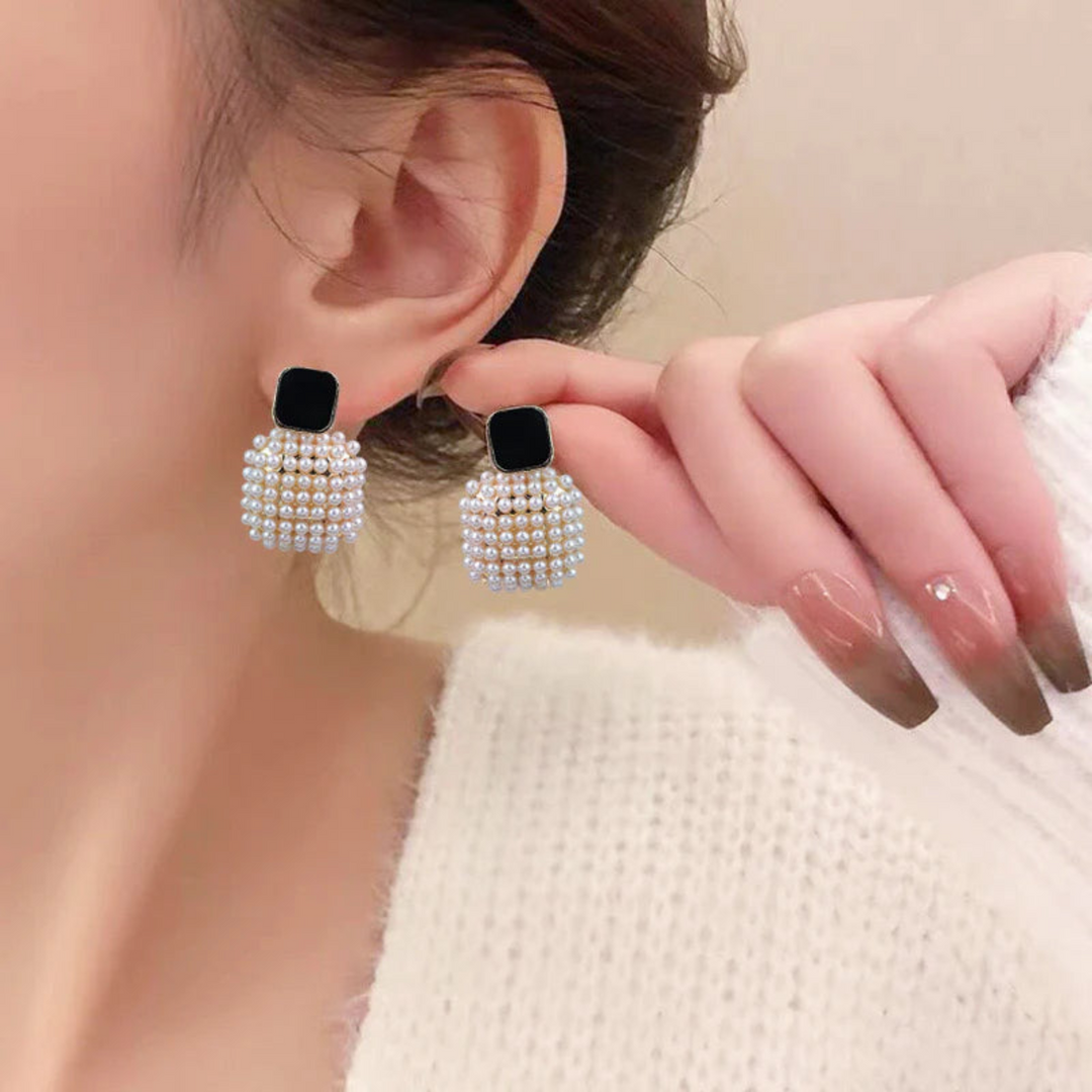 Black & Pearl Cluster Dangle Earrings