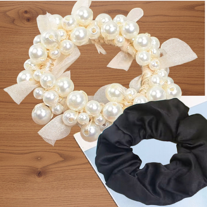 Pearl Beaded & Satin Hair Scrunchie SET