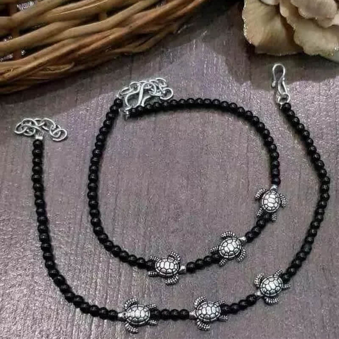 Turtle Charm Black Beaded Anklet