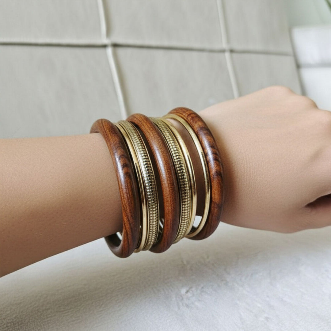 Wood and Brass Stackable Bangle Set (9 Pieces)