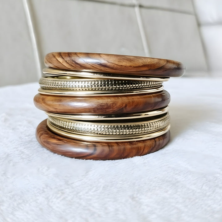 Wood and Brass Stackable Bangle Set (9 Pieces)