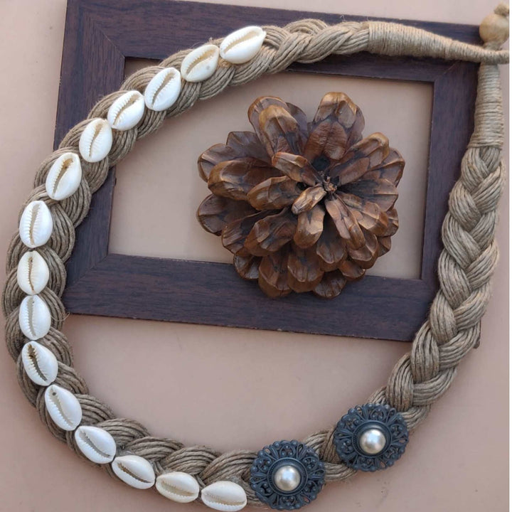 Boho Jute Rope Necklace with Kauri Shell and Stone Flower Accents