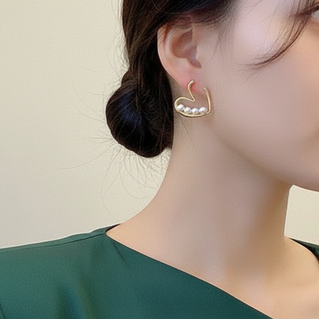 Gold Pearl Heart Stud Earrings
