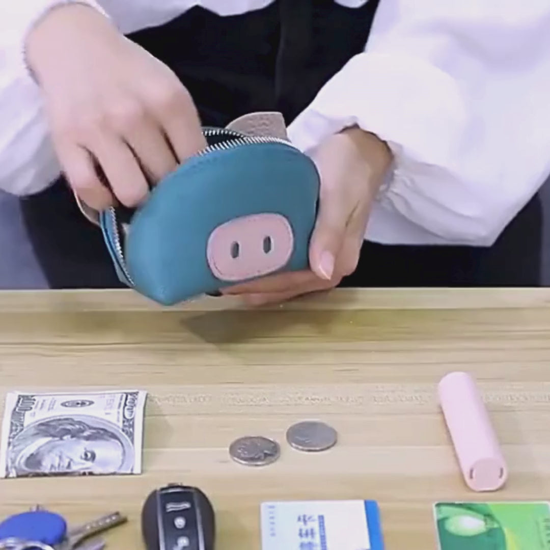 Leather Pig Coin Pouch with Wrist Strap